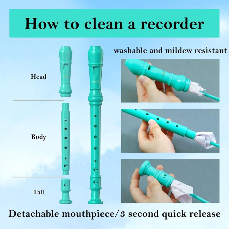 SDREAM Soprano Recorder Instrument for Kids Beginners&Student,8 Hole German Fingering Recorder Flute with Cleaning Rod & Leather Bag (Green) - Image 4